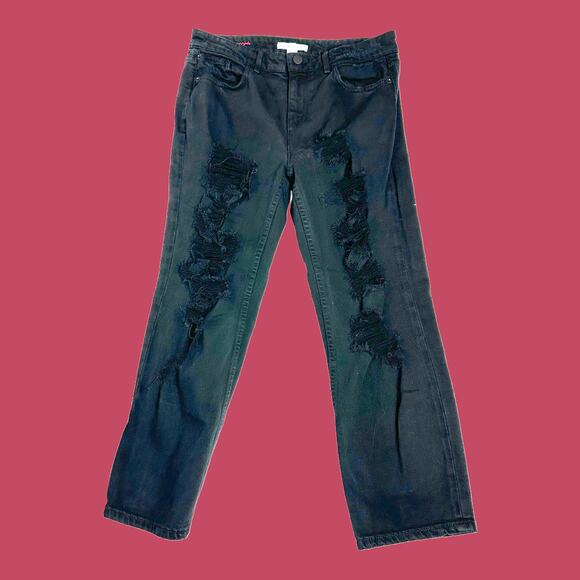 Alice + Olivia mid-rise black distressed ripped jeans straight leg denim size 28 - Picture 1 of 5
